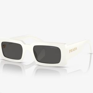Prada White Rectangular Sunglasses with Black Lenses and Gold Logo